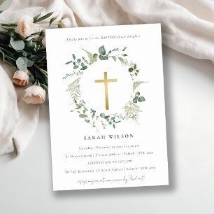 Botanical Eucalyptus Gold Cross Wreath Baptism Invitation