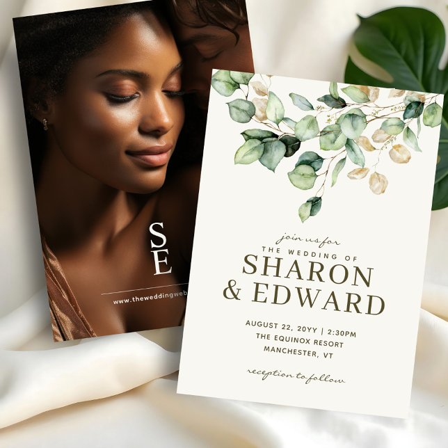 Botanical Eucalyptus Green & Gold Wedding Photo Invitation (Creator Uploaded)