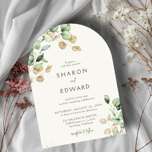 Botanical Eucalyptus Greenery & Gold Arch Wedding Invitation