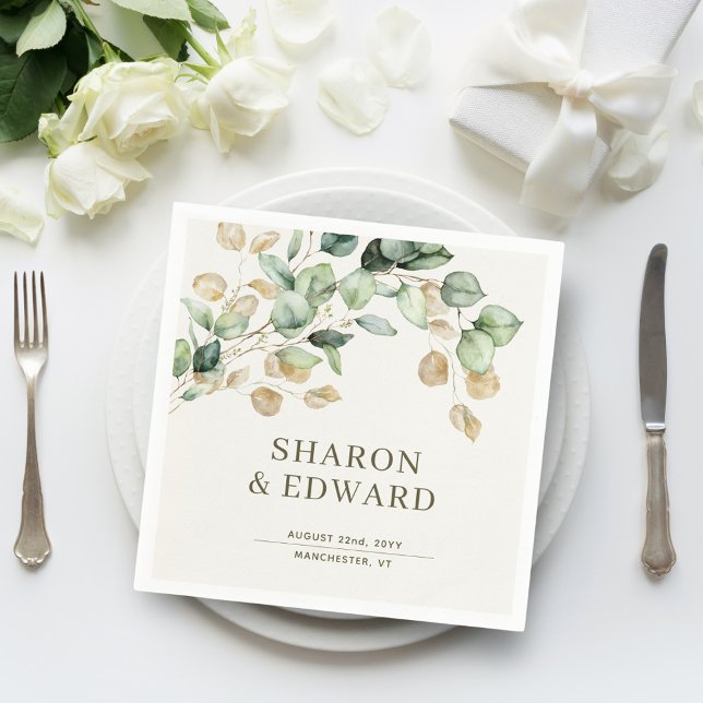 Botanical Eucalyptus Greenery & Gold Chic Wedding Napkin (Creator Uploaded)