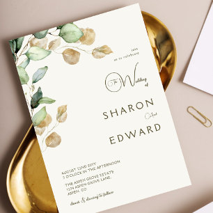 Botanical Eucalyptus Greenery & Gold Wedding Photo Invitation