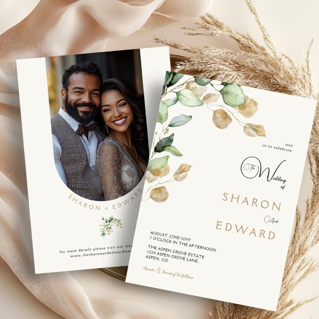 Botanical Eucalyptus Greenery & Gold Wedding Photo Invitation (Creator Uploaded)