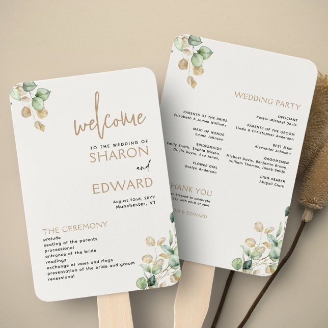 Botanical Eucalyptus Greenery Gold Wedding Program Hand Fan (Creator Uploaded)
