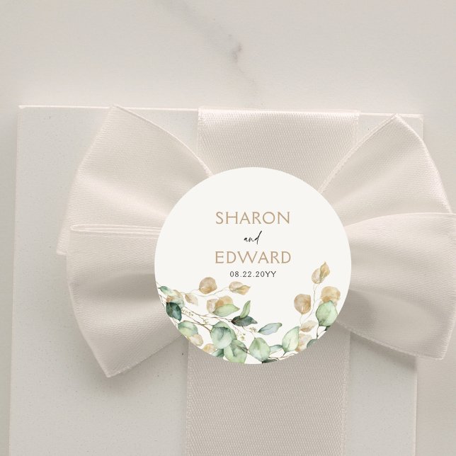 Botanical Eucalyptus Greenery Personalised Wedding Classic Round Sticker (Creator Uploaded)