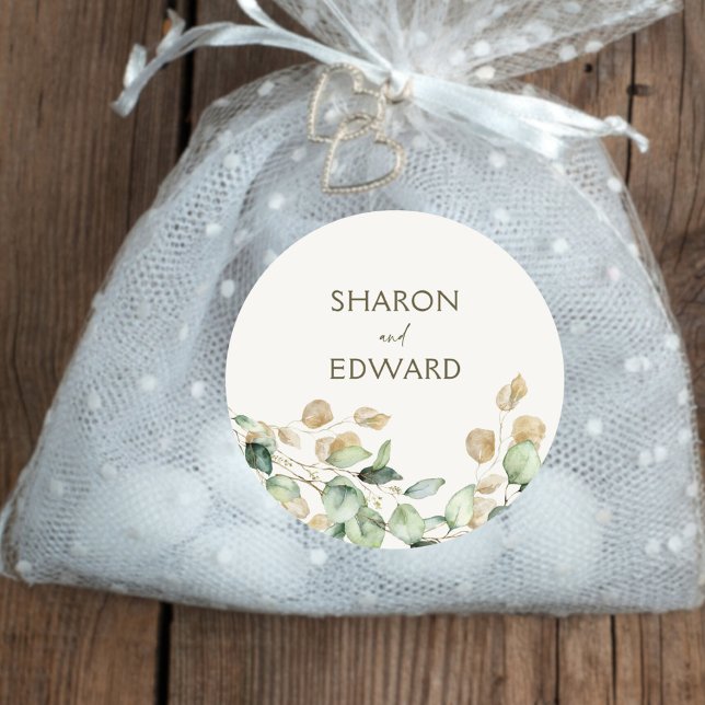 Botanical Eucalyptus Greenery Personalised Wedding Classic Round Sticker (Creator Uploaded)