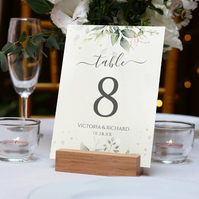Botanical Eucalyptus Greenery Watercolor Elegant Table Number (A watercolor eucalyptus greenery design makes this table number a beautiful choice.)
