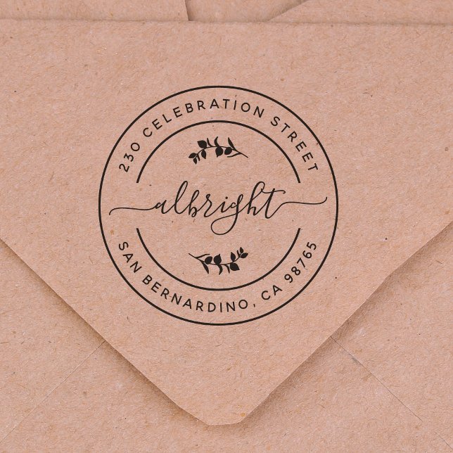 Botanical Eucalyptus Leaves Round Return Address Rubber Stamp (Rubber Stamp Mock-up)