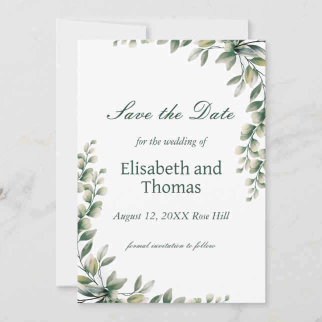 Botanical eucalyptus leaves save the date card (Front)