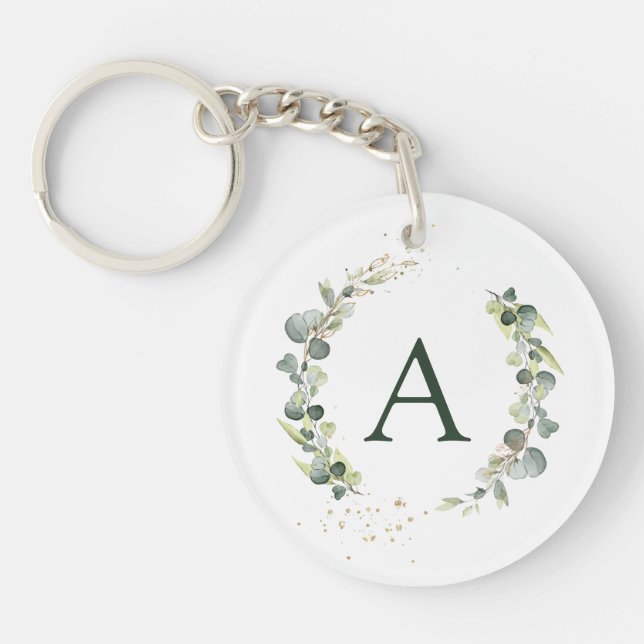 Botanical Eucalyptus Monogram Greenery Wedding Key Ring (Front)