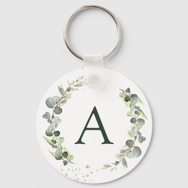 Botanical Eucalyptus Monogram Greenery Wedding Key Ring (Front)