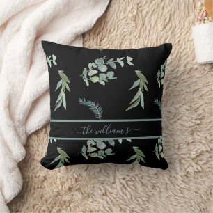Botanical eucalyptus olive pattern black green cushion