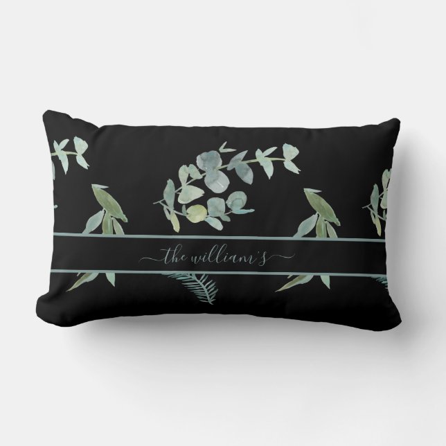 Botanical eucalyptus olive pattern black green lumbar cushion (Front)