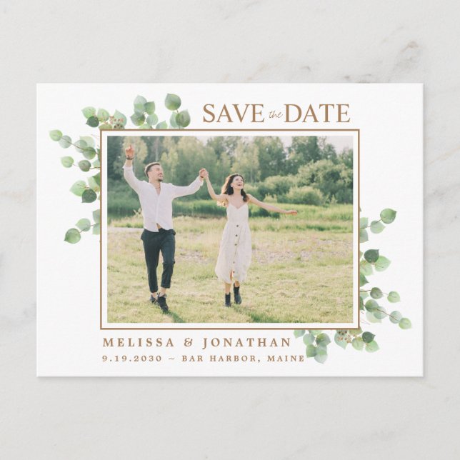 Botanical Eucalyptus Photo Wedding Save The Date Postcard (Front)