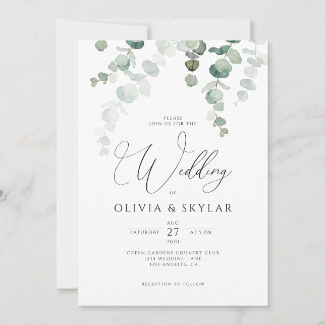 Botanical Eucalyptus QR Code All In One Wedding Invitation (Front)