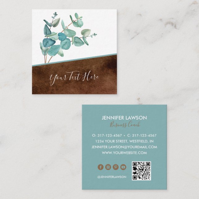Botanical Eucalyptus QR Code & Social Media Icons Square Business Card (Front/Back)