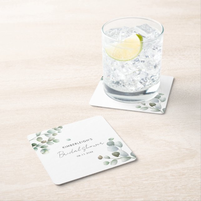 Botanical Eucalyptus Script Bridal Shower Square Paper Coaster (Insitu)