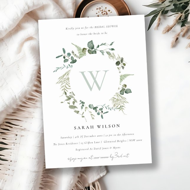 Botanical Eucalyptus Wreath Bridal Shower Monogram Invitation (Creator Uploaded)