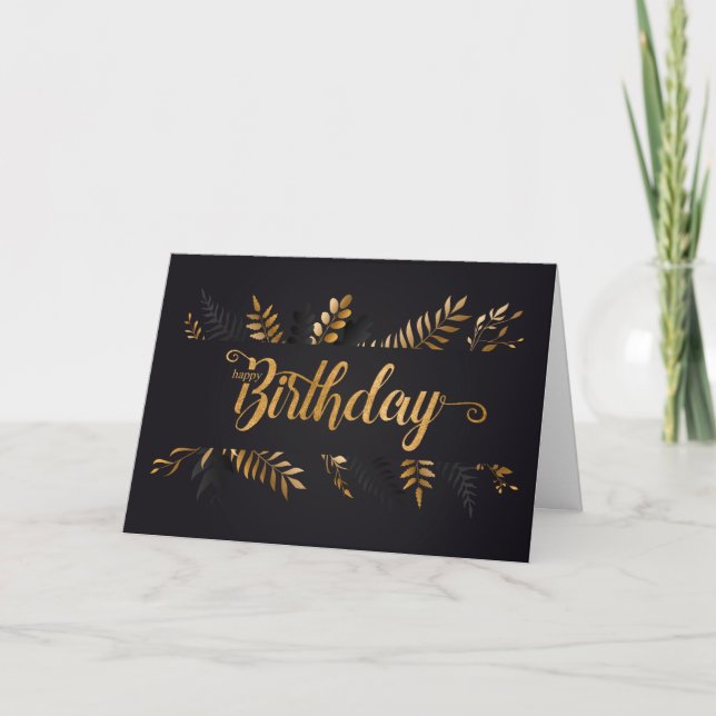 Botanical Faux Gold Leaf and Charcoal Birthday Card (Front)