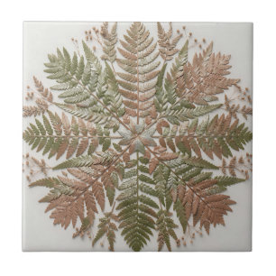 Botanical Fern Green Copper Pressed Leaves Ceramic Tile