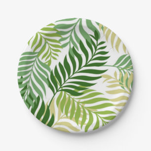 Botanical Fern Leaves Pattern on White Paper Plate