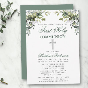 Botanical First Communion Sage Green Silver Invitation