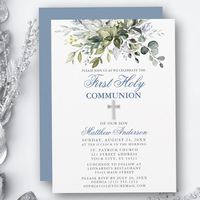 Botanical First Communion Silver Dusty Blue Invitation (Customize to change text color,  size, style or to change color of back of card.)