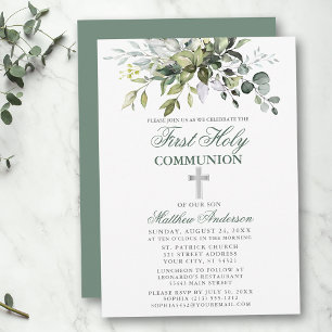 Botanical First Communion Silver Sage Green Invitation