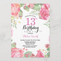 Botanical Floral 13th Birthday Invitation