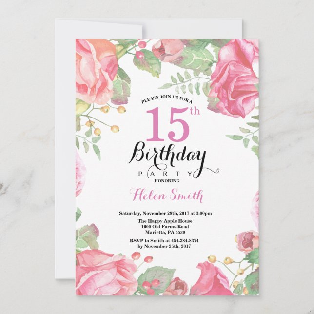 Botanical Floral 15th Birthday Invitation (Front)