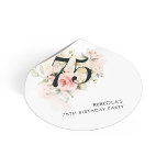 Botanical Floral 75th Birthday Party Classic Round Sticker<br><div class="desc">Cute and modern, yet elegant 75th birthday party sticker. Featuring a trendy layout and watercolor floral and greenery eucalyptus and pink blush. Perfect for any age birthday party celebration. This template can be easily edited and the text replaced with your own details by clicking the "Personalise" button. For further customisation,...</div>