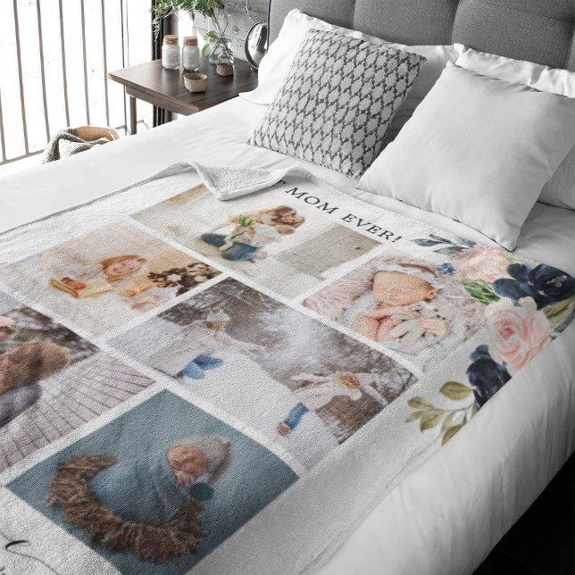 Botanical Floral Best Mum Photo Collage Fleece Blanket (Perfect gift for Mother's Day for your special mom. The design features a photo collage)