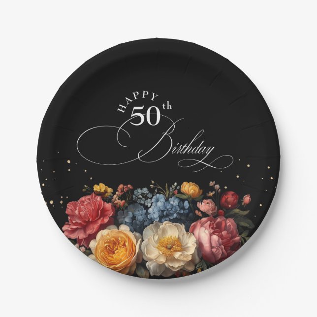 Botanical Floral Black Happy Birthday Paper Plate (Front)