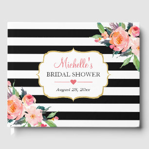 Botanical Floral Black White Stripes Bridal Shower Guest Book