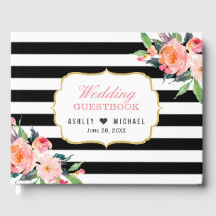 Botanical Floral Black White Stripes Wedding Guest Book