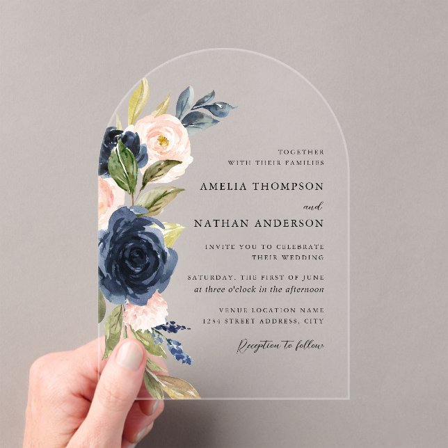 Botanical Floral Blush Navy Wedding Acrylic Invitations (Insitu (Handheld))