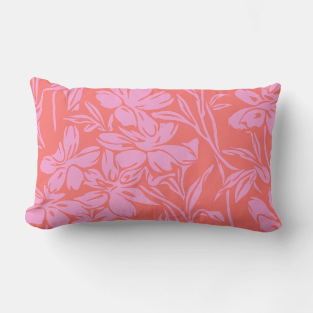 Botanical Floral Boho Art Design in Pink and Red Lumbar Cushion (Front)