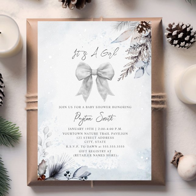 Botanical Floral Bow Winter Girl Baby Shower Invitation (Creator Uploaded)