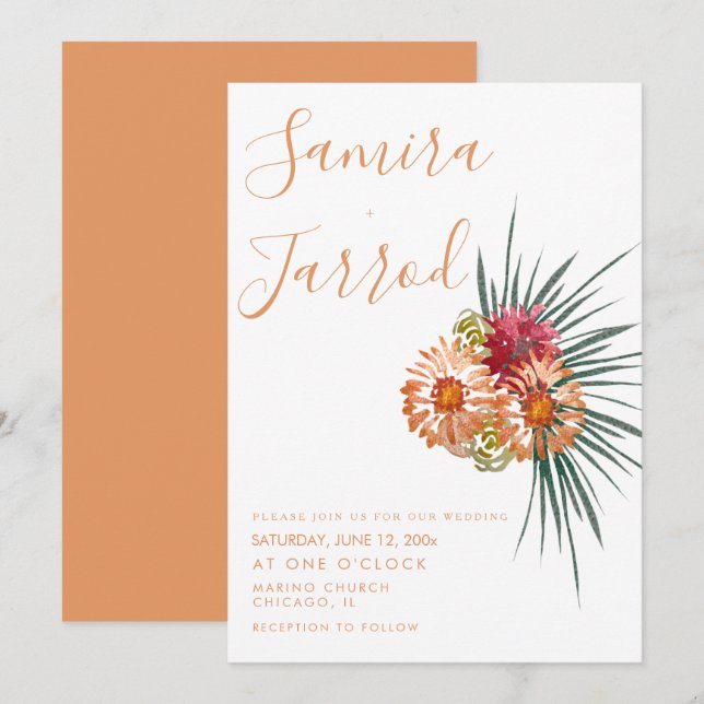 Botanical Floral Bunch Peach Watercolor Wedding Card (Front/Back)