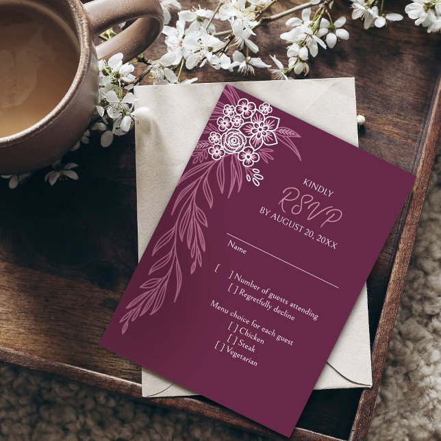Botanical Floral Burgundy Dusty Rose Wedding RSVP Card (Creator Uploaded)