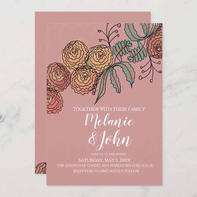 Botanical Floral Carnation Greenery Wedding Invitation (Front/Back)