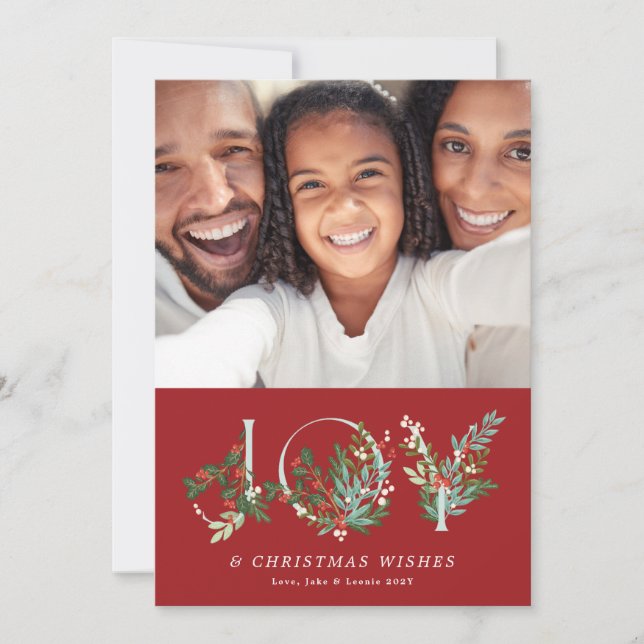 Botanical Floral Christmas JOY Elegant Red Photo Holiday Card (Front)