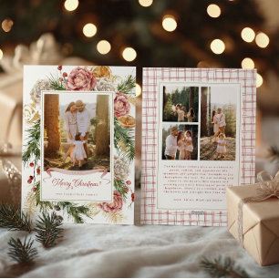 Botanical Floral Coastal Plaid Photo Grid Holiday Card