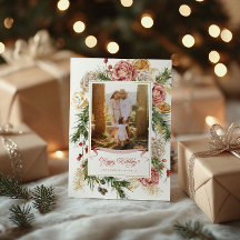 Botanical Floral Coastal Plaid Photo Happy Holiday