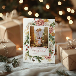Botanical Floral Coastal Plaid Photo Holiday Card