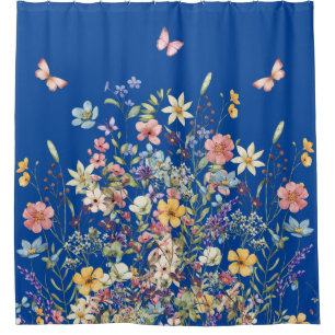 Botanical Floral Cobalt Blue Shower Curtain