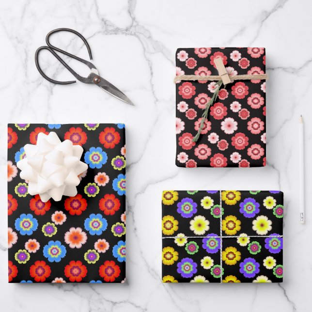 Botanical Floral Colourful Garden Pattern Black Wrapping Paper Sheet (Front)
