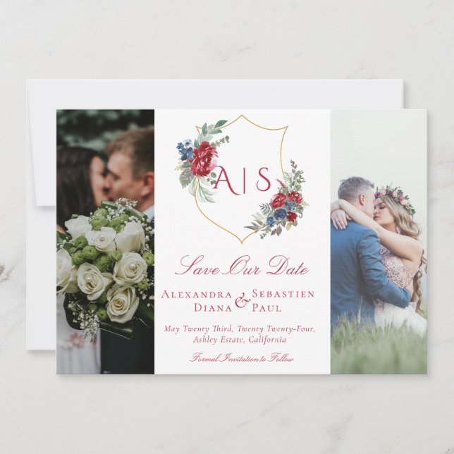 Botanical Floral Crest 3 Photo Collage Monogram Save The Date (Front)