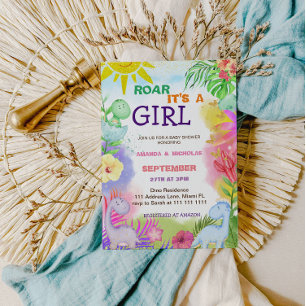 Botanical Floral Cute Dinosaur Baby Girl Shower Invitation