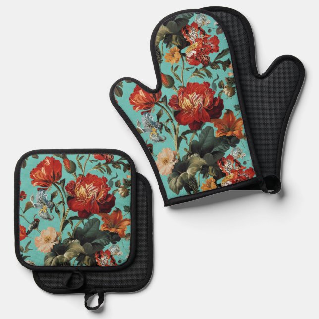 Botanical Floral Delight Oven Mitt & Pot Holder Set (Front/Back)