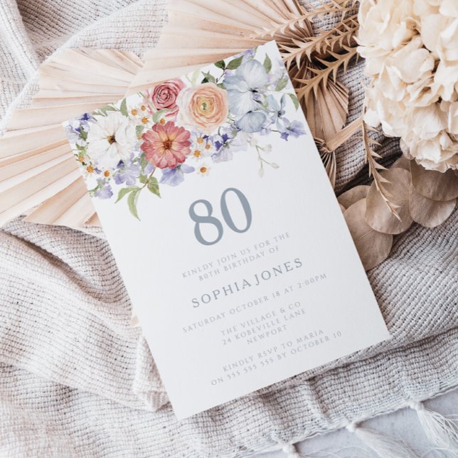 Botanical Floral Dusty Blue 80th Birthday Party Invitation (Creator Uploaded)